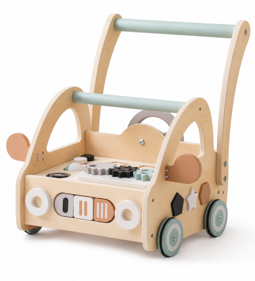 Carrito caminador de madera con centro de actividades, para desarrollo de habilidades y primeros pasos