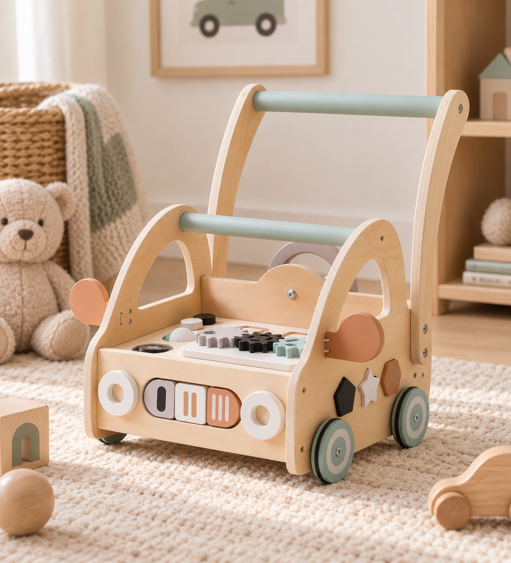 Carrito caminador de madera con centro de actividades, para desarrollo de habilidades y primeros pasos