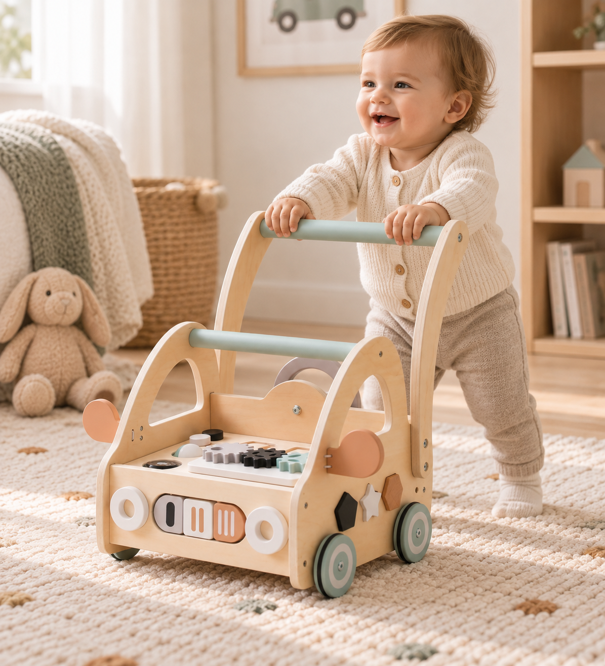 Carrito caminador de madera con centro de actividades, para desarrollo de habilidades y primeros pasos