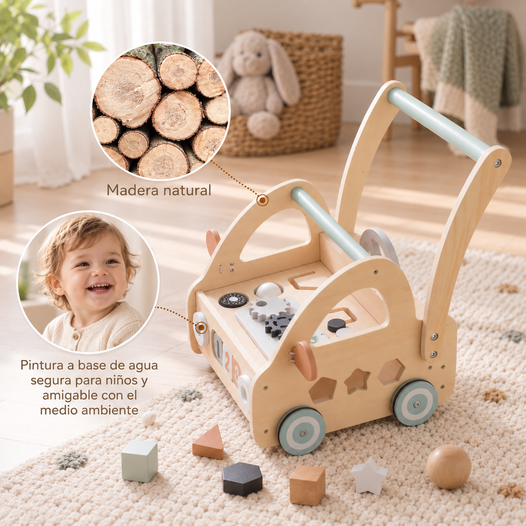 Carrito caminador de madera con centro de actividades, para desarrollo de habilidades y primeros pasos