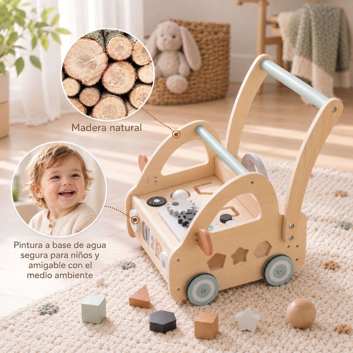 Carrito caminador de madera con centro de actividades, para desarrollo de habilidades y primeros pasos