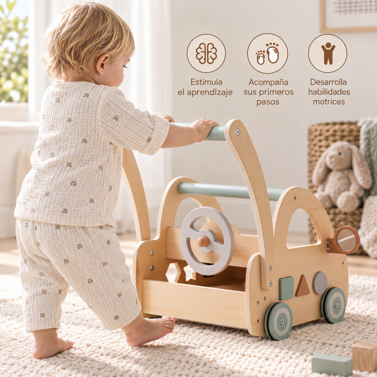 Carrito caminador de madera con centro de actividades, para desarrollo de habilidades y primeros pasos