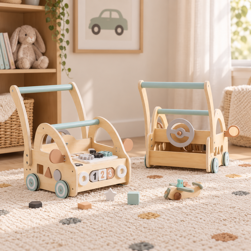 Carrito caminador de madera con centro de actividades, para desarrollo de habilidades y primeros pasos