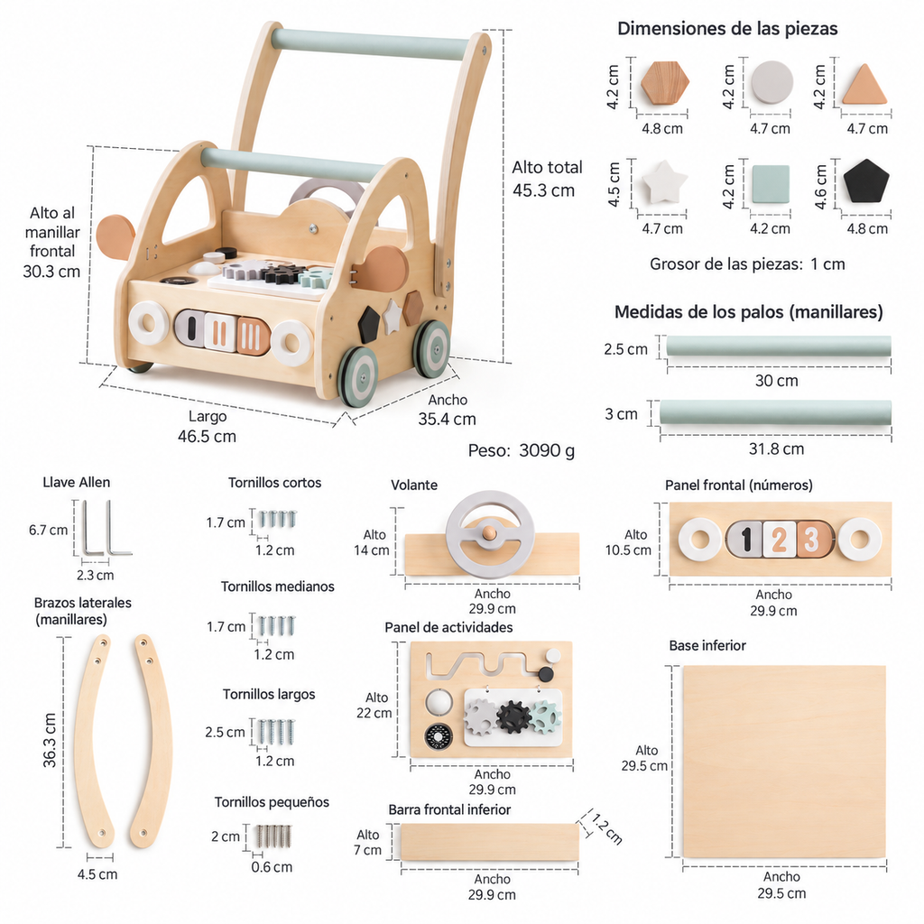 Carrito caminador de madera con centro de actividades, para desarrollo de habilidades y primeros pasos