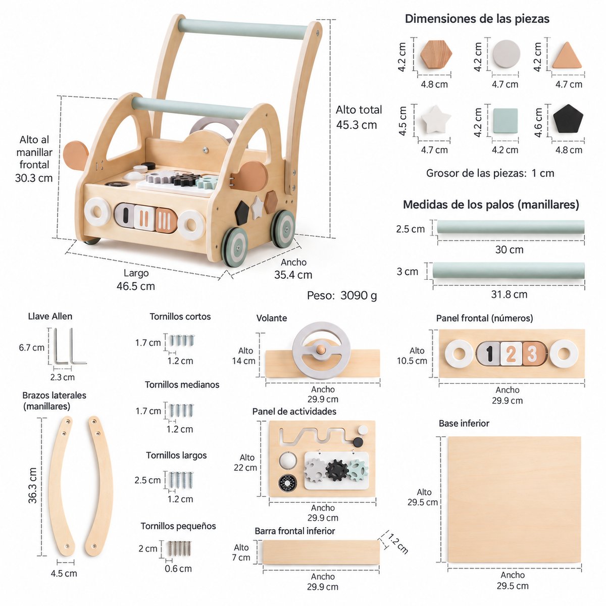 Carrito caminador de madera con centro de actividades, para desarrollo de habilidades y primeros pasos