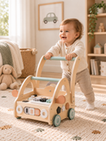 Carrito caminador de madera con centro de actividades, para desarrollo de habilidades y primeros pasos