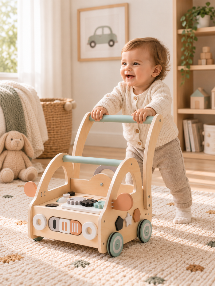 Carrito caminador de madera con centro de actividades, para desarrollo de habilidades y primeros pasos
